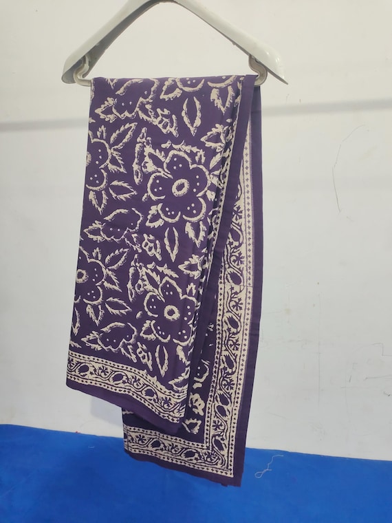 Hand Block Print Cotton Sarong: Purple Floral Beach Coverup