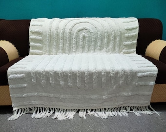 Beige Tufted Cotton Bohemian Throw For Sofa Blanket: Boho Couch Covers with Tassels