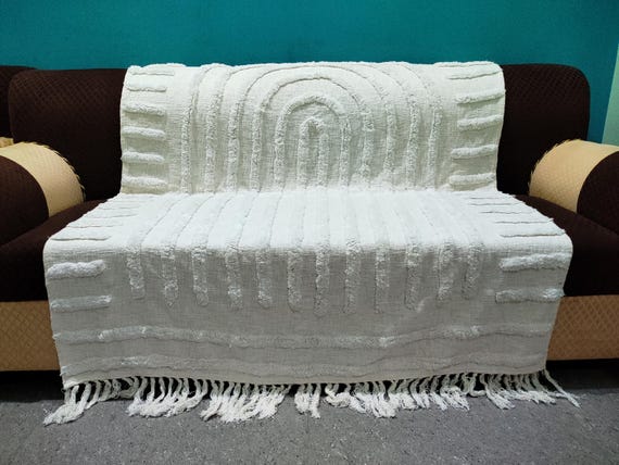 Tufted throw Sofa Cover Ivory Boho Blanket Throw Bohemian Cotton Blanket Tufted Textured Bedding Throw Blanket Sofa throw Tassels