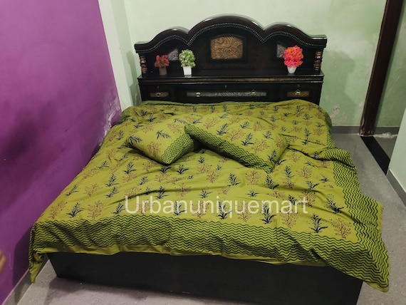 Olive Green Floral Duvet Cover Set: Hand Block Printed Indian Cotton Bedding