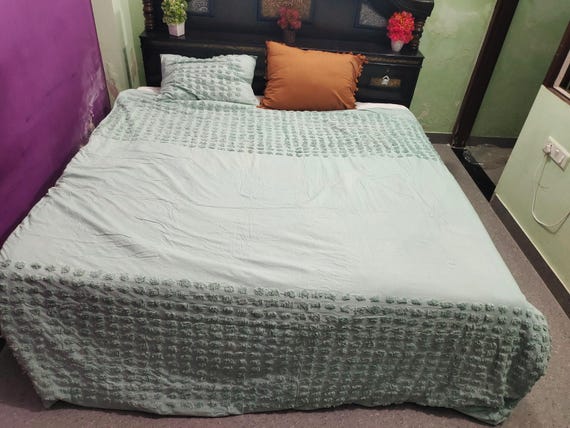 Mint Green Dot Tufted Cotton Duvet Cover Set - 3 Pcs