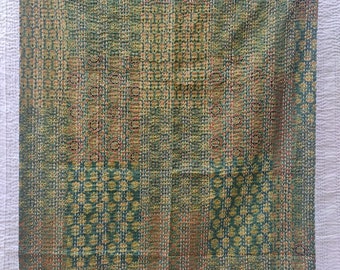 Handmade Cotton Kantha Quilt: Floral Indian Bedspread Throw