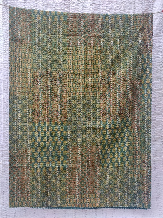 100 % Cotton  Handmade Kantha Quilt Indian Kantha Quilt Kantha Bedspread Throw Cotton Blanket Gudari Queen And Twin Size Green Kantha Quilt