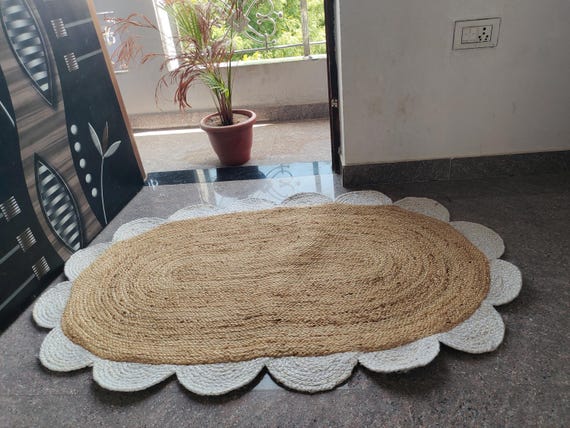 Jute Vintage For Living Room Handmade Cotton Rug For Entry Way Home Décor Kalin Yoga Mats White Border Oval Shaped