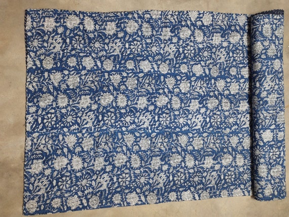 100% Cotton Indian Kantha Handmade Bedcover Cotton Handmade Kantha Quilt Bedspread Blue Color Kantha Indian Gudari Flower Printed Kantha
