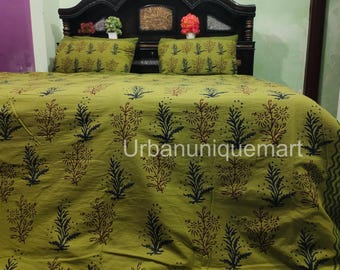 Juego de funda nórdica estampada en bloque verde oliva, juegos de ropa de cama de algodón indio hechos a mano con estampado floral, edredón bohemio, colcha botánica con fundas de almohada.