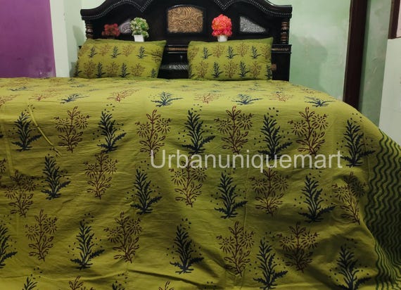 Olive Green Floral Duvet Cover Set: Hand Block Printed Indian Cotton Bedding