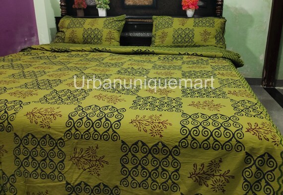 Olive Green Cotton Duvet Cover Set: Ethnic Block Print Boho Bedspread Luxury Bedding Set