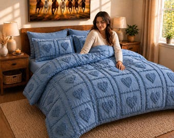 Dusty Blue Duvet Cover Queen, Tufted Heart Bedding Set King Size, Soft Cotton Blue Comforter Cover, Minimalist Farmhouse Bedroom Decor Gift