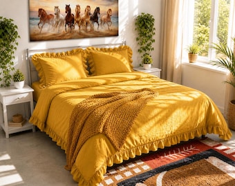 Mustard Yellow Duvet Cover Set Queen King, Ruffle Bedding Set, Soft Cotton Boho Bedding, Farmhouse Bed Set, Minimalist Bedroom Decor