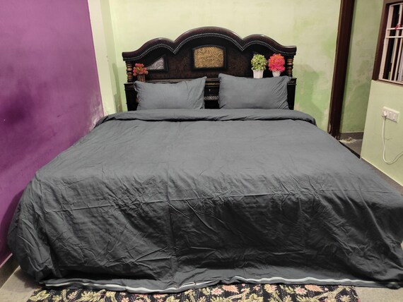 Dark Grey Cotton Duvet Cover Set: Modern Solid Bedding with Pillowcases