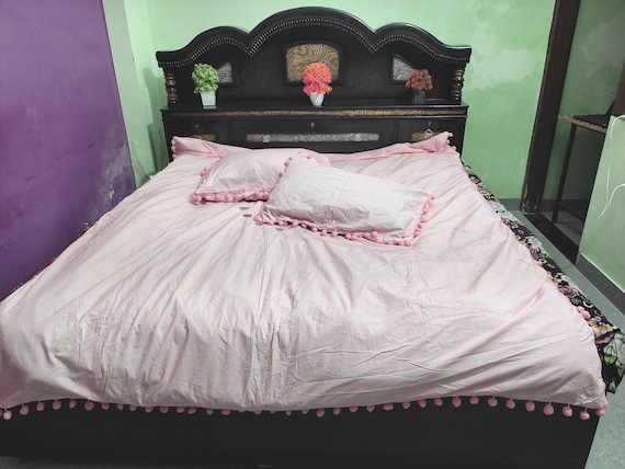 Handmade Pink Cotton Pom-Pom Duvet Cover Set: Embroidered Bedding