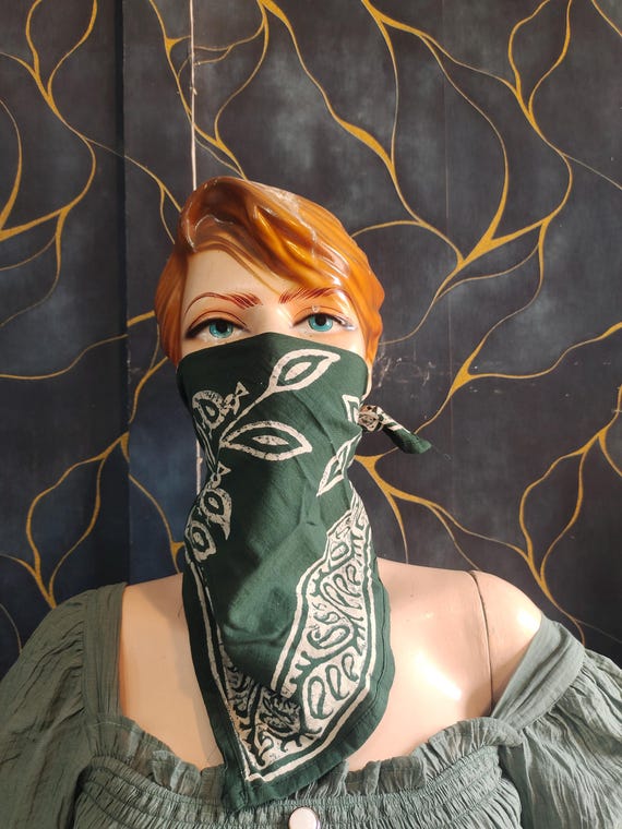 Green Cotton Bandana: Hand Block Print Leaf & Bird Motif