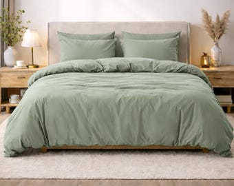 Sage Green Bedding Set Duvet Cover | Elegant Soft Bed Set Queen King | Boho Cotton Comforter Cover | Calm Neutral Bedroom Style
