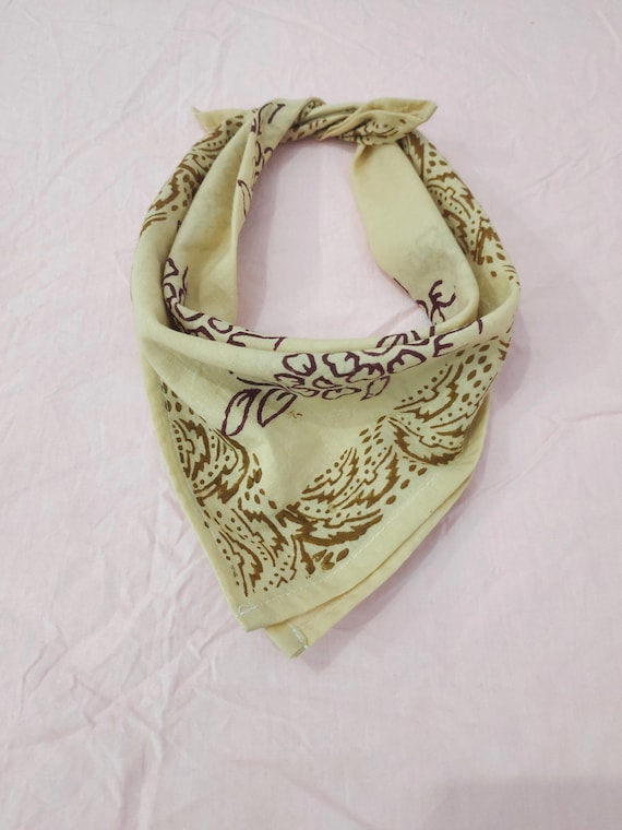 Floral Block Print Bandana: Organic Cotton Head Scarf, Beige Earth Tones