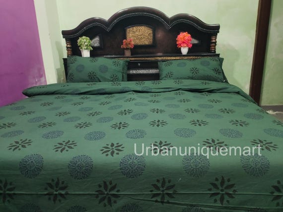 Deep Green Cotton Duvet Cover Set: Boho Mandala Block Print Bedding Sets With Pillowcase