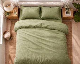 Juego de funda nórdica de lino verde salvia, juego de ropa de cama suave y lavada, decoración minimalista para dormitorio, funda de edredón transpirable, ropa de cama tamaño Queen/King.