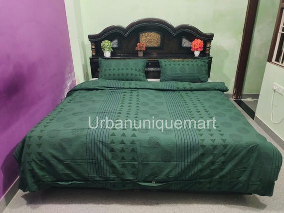 Deep Green Cotton Duvet Cover Set: Boho Mandala Block Print