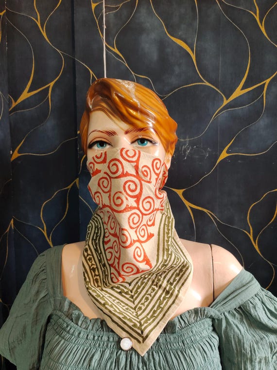 Boho Block Print Bandana: Orange Swirl Cotton Neck Scarf