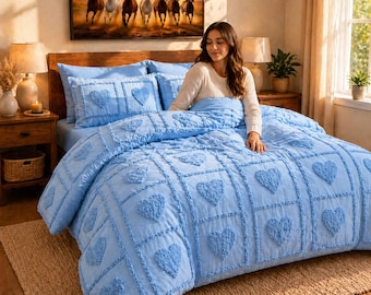 Sky Blue Tufted Heart Duvet Cover Set, Romantic Bedding Set Queen , Soft Cotton Comforter Cover, Cozy Farmhouse Bedroom Decor, Gift for Her