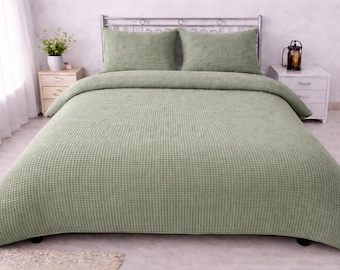 Waffle Cotton Duvet Cover Set Sage Green, Queen King Bedspread, Soft Textured Bedding, Minimalist Modern Bed Cover, Farmhouse Bedroom Decor