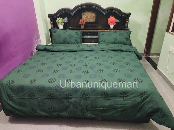 Deep Green Cotton Duvet Cover Set: Boho Mandala Block Print Bedding