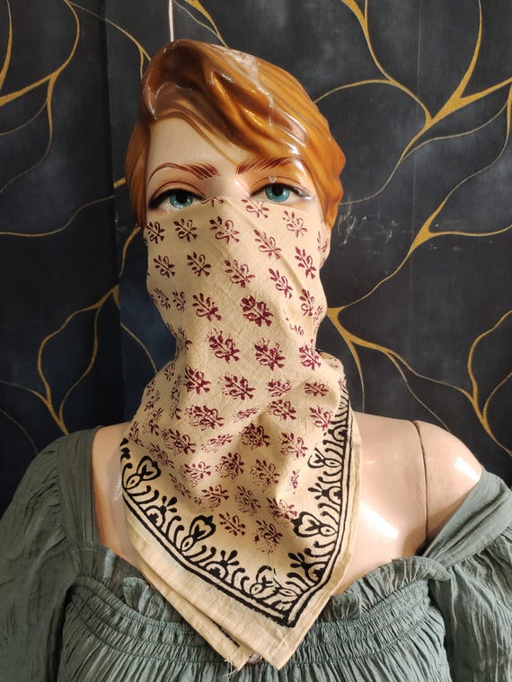 Floral Block Print Cotton Bandana: Beige Boho Head Scarf