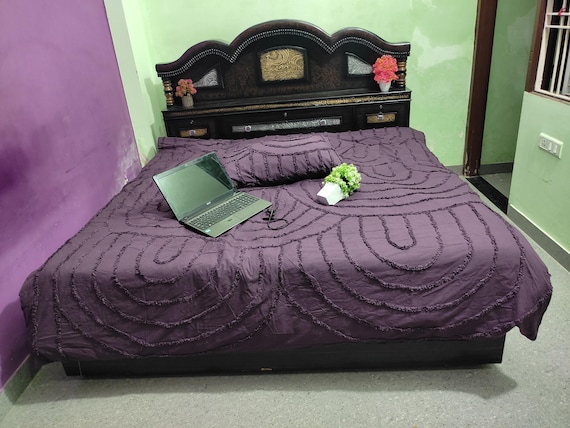 Purple Tufted Floral Duvet Cover Set: 100% Cotton Geometric Bedding