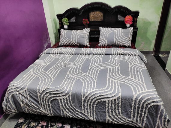 Gray Geometric Tufted Cotton Duvet Cover Set: Modern Wave Pattern