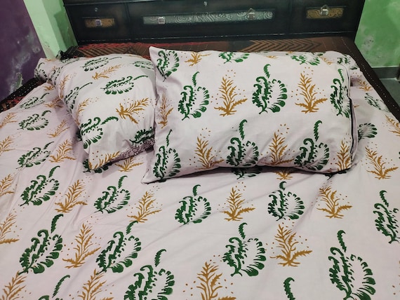 Block Printed Duvet Cover – Handmade Cotton Bohemian Bedding Set with Pillowcases, Ethnic Floral Design