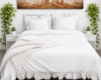 Juego de funda nórdica blanca con volantes, ropa de cama de algodón suave lavado, juego de ropa de cama minimalista, juego de ropa de cama tamaño Queen/King, decoración de dormitorio estilo granja bohemia