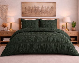 Donkergroen gerimpeld dekbedovertrek met kussenslopen Dekbedovertrek Katoenen dekbedovertrek met ruches gestructureerd boho-beddengoed met ritssluiting