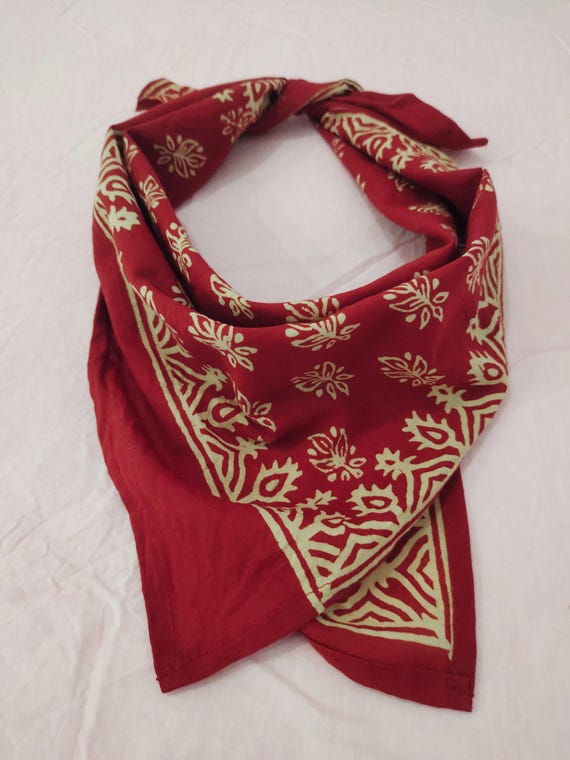 Red Floral Block Print Bandana: Organic Cotton Neckerchief Head Wrap