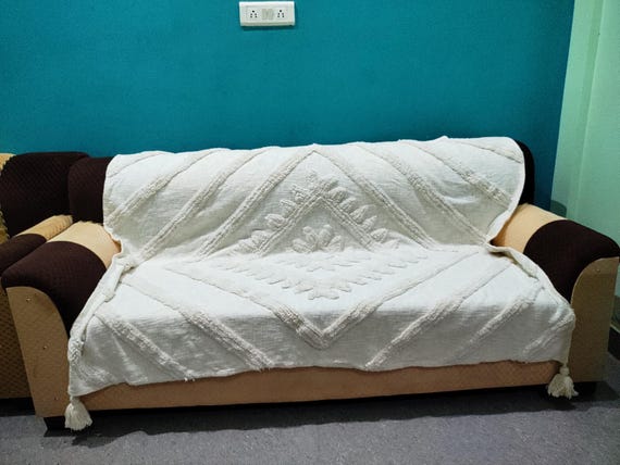 Tufted Cotton Sofa Cover Cotton Bed Cover Handmade Throw Tufted Cotton Throw Blanket Sofa Decor Room Decor Tassel Cotton Sofa Throw