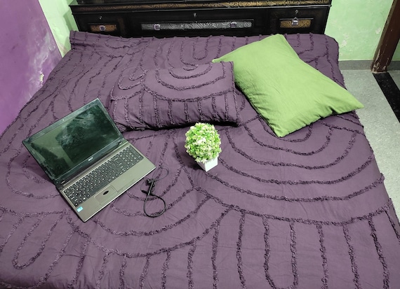 Purple Tufted Floral Duvet Cover Set: 100% Cotton Geometric Bedding