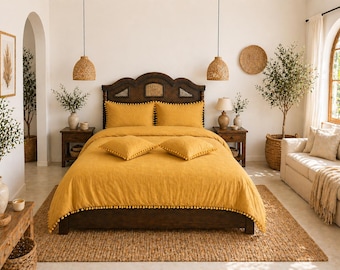 Senfgelbe Pom Pom Bettwäsche, Boho Baumwoll Bettbezug mit Quasten, Bauernhaus Trösterbezug mit Kissenbezügen, texturierte Tagesdecke,
