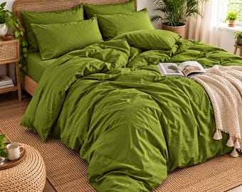 Olive Green Duvet Cover Set, Soft Cotton Bedding Set, Modern Farmhouse Bedding, Queen Comforter Cover, Boho Bedroom Decor, King Queen Twin