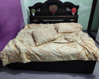 3 Pcs Light Yellow Tufted Floral Cotton Duvet Cover with Pillow Shams, Home Decor