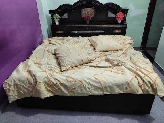 3 Pcs Light Yellow Tufted Floral Cotton Duvet Cover with Pillow Shams, Home Decor