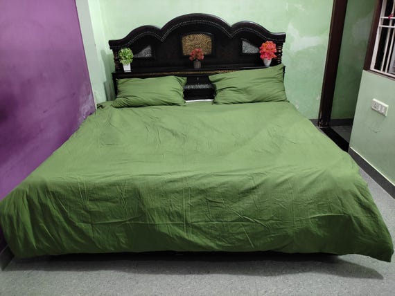Olive Green Cotton Duvet Cover Set: Boho Bedding with Coconut Buttons