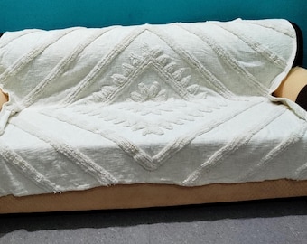 Handmade Tufted Cotton Throw Blanket: Boho Sofa Cover, Off White Dining Table Cover