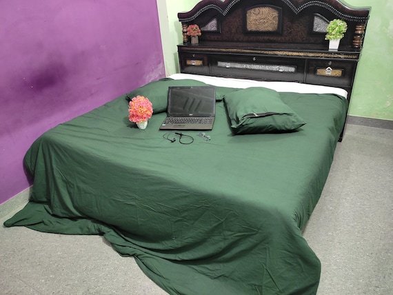 Forest Green Cotton Duvet Cover Set - Solid Color Bedding with Pillow Shams
