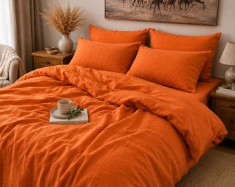 Set copripiumino in lino color arancio bruciato, set di biancheria da letto boho con federe, piumino in lino lavato, biancheria da letto rustica stile fattoria, set per letto matrimoniale/king size.