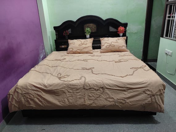 Beige Tufted Cotton Duvet Cover Set: Geometric Design, Soft Bedding