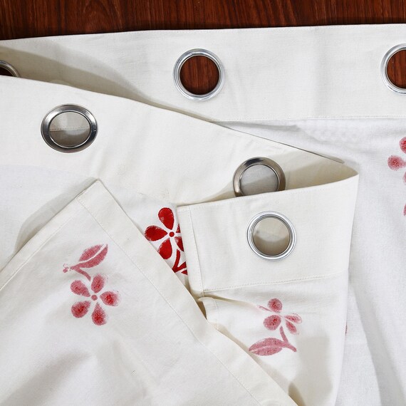 Cotton White Curtain, Floral Printed Boho Door Curtain Included 2 Panels, Handmade Window Duck Curtain For Home decor