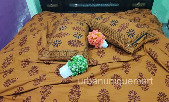 Hand Block Print Cotton Queen Size Duvet Cover Set: Rustic Boho Bedding With Pillowcase