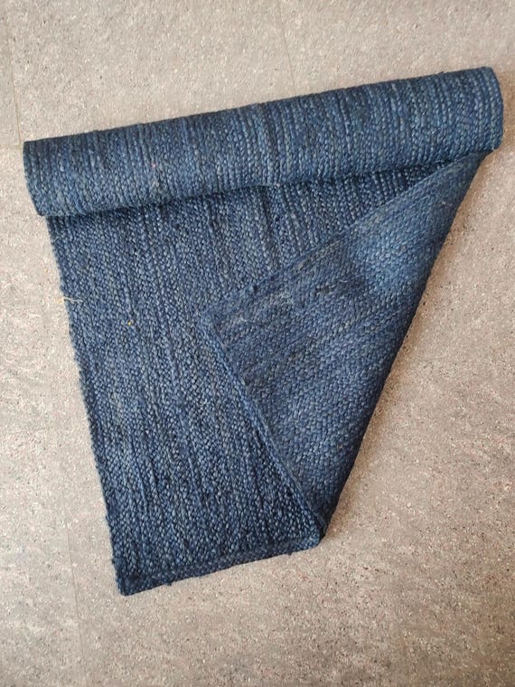 Handmade Navy Blue Jute Rug: Rectangle Cotton Carpet (3x5 ft)