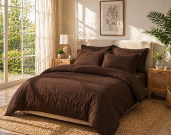 Ensemble housse de couette en lin marron chocolat | Parure de lit marron foncé pour grand lit, très grand lit | Housse de couette en lin lavé doux Décoration de chambre bohème minimaliste