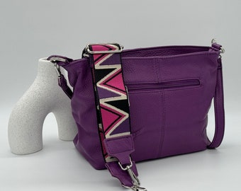 Purple Crossbody Crossbody Soft Vegan Leather Bag Adjustable Removeable Shoulder Strap + Woven Strap
