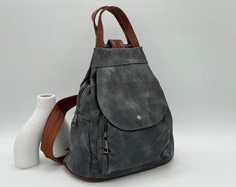 Grey Rucksack Vegan Leather Backpack Large Bag Versatile Adjustable Straps Multi Pocket Travel/School/ Holiday